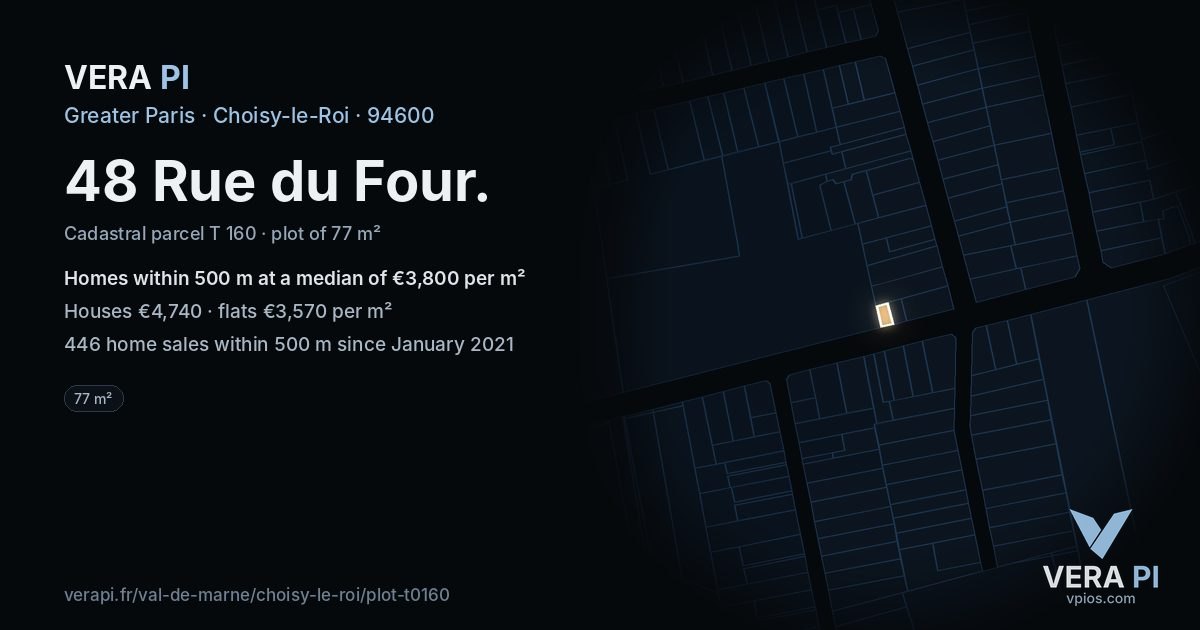 48 Rue du Four, Choisy-le-Roi at night – the plot lit, the parcels around coloured by the prices near them