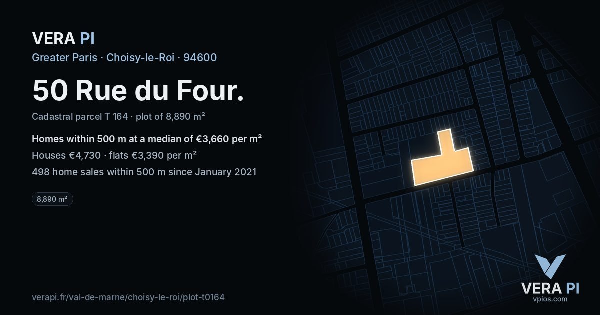 50 Rue du Four, Choisy-le-Roi at night – the plot lit, the parcels around coloured by the prices near them