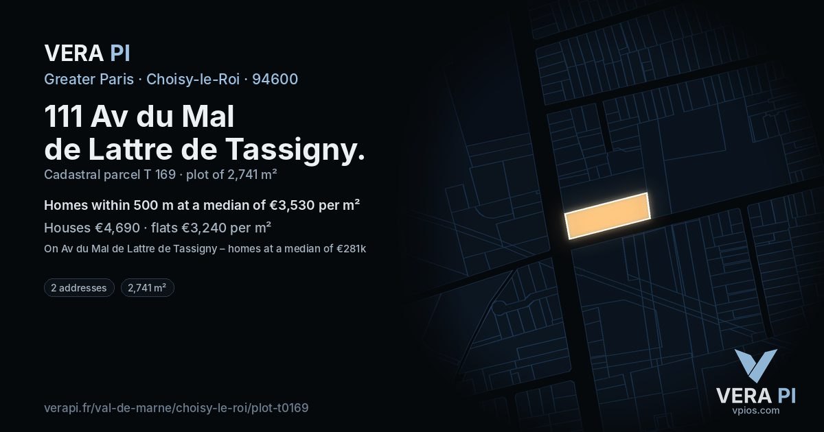 111 Av du Mal de Lattre de Tassigny, Choisy-le-Roi at night – the plot lit, the parcels around coloured by the prices near them