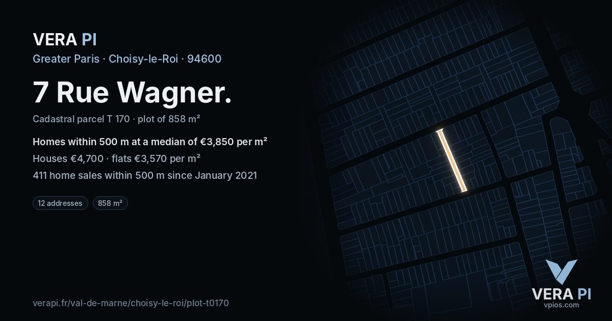 7 Rue Wagner, Choisy-le-Roi at night – the plot lit, the parcels around coloured by the prices near them