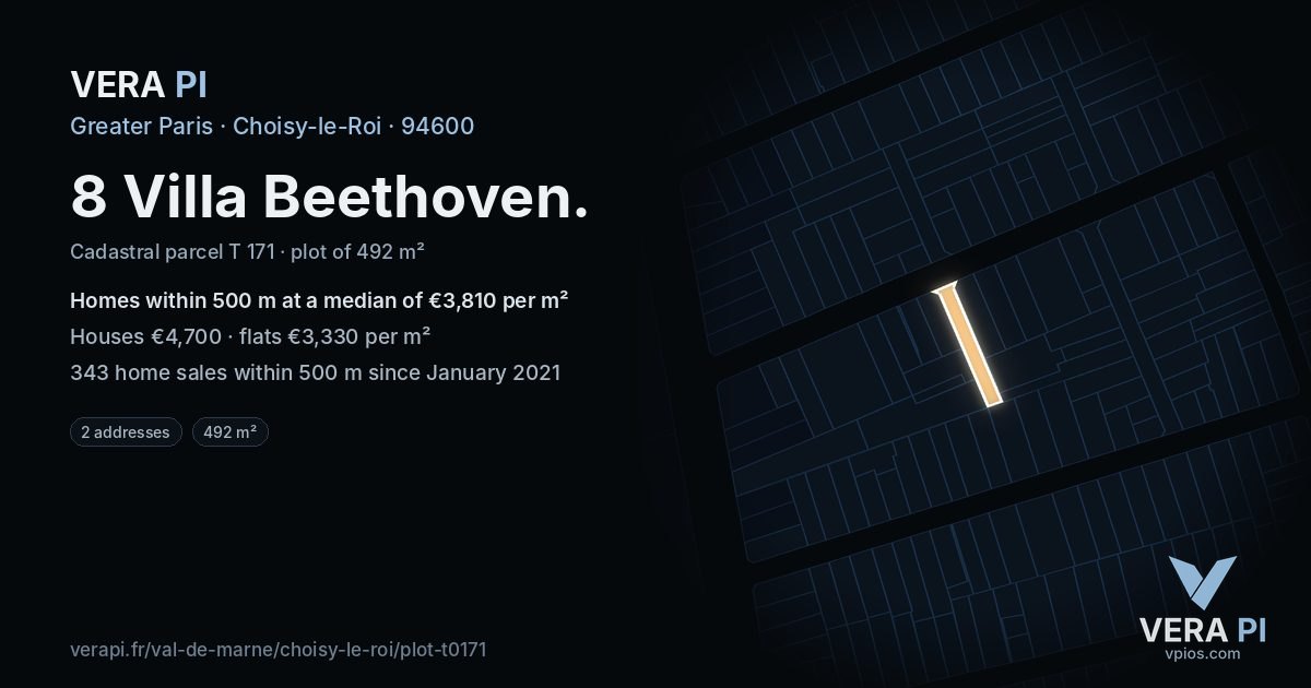 8 Villa Beethoven, Choisy-le-Roi at night – the plot lit, the parcels around coloured by the prices near them