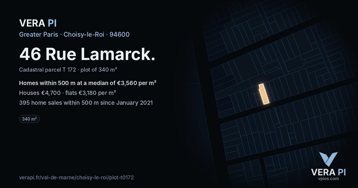 46 Rue Lamarck, Choisy-le-Roi at night – the plot lit, the parcels around coloured by the prices near them
