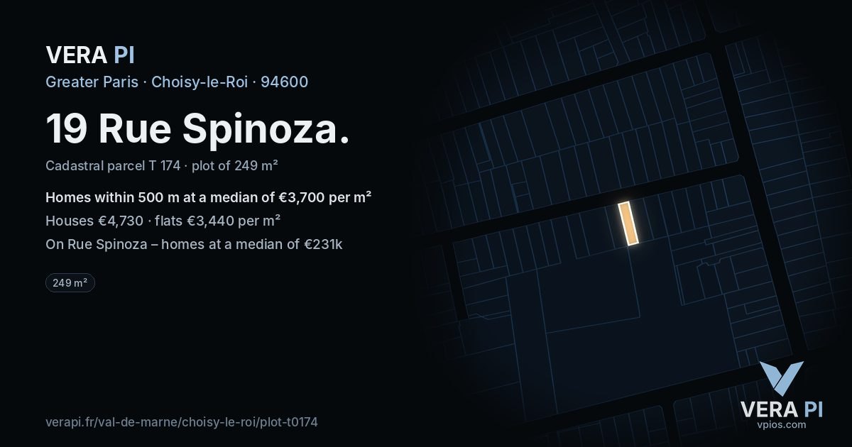 19 Rue Spinoza, Choisy-le-Roi at night – the plot lit, the parcels around coloured by the prices near them