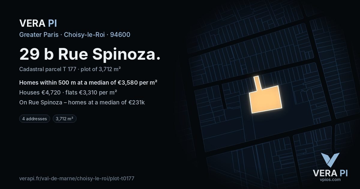 29 b Rue Spinoza, Choisy-le-Roi at night – the plot lit, the parcels around coloured by the prices near them