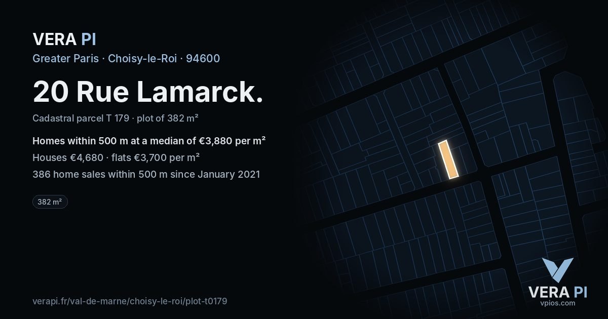 20 Rue Lamarck, Choisy-le-Roi at night – the plot lit, the parcels around coloured by the prices near them