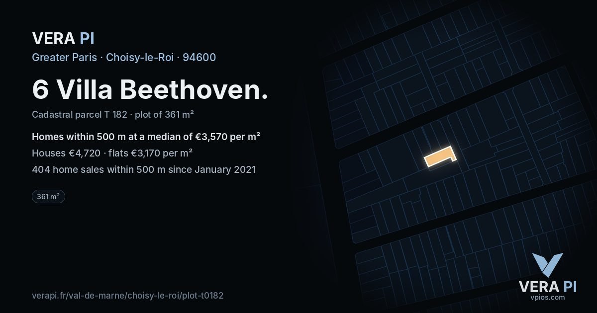 6 Villa Beethoven, Choisy-le-Roi at night – the plot lit, the parcels around coloured by the prices near them