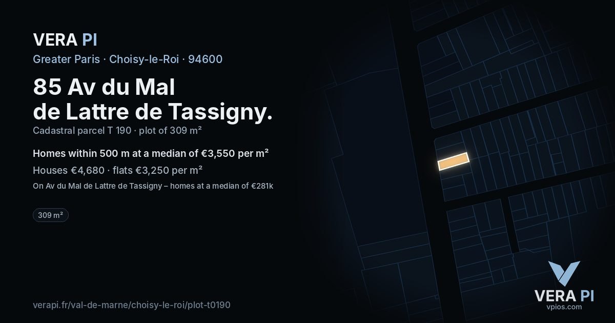 85 Av du Mal de Lattre de Tassigny, Choisy-le-Roi at night – the plot lit, the parcels around coloured by the prices near them