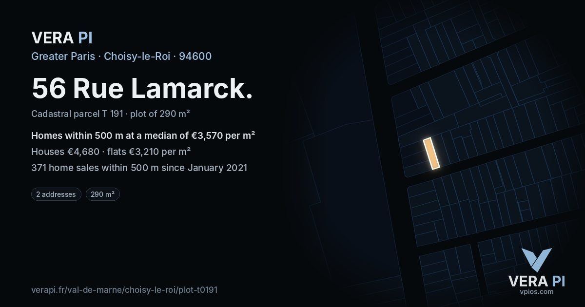 56 Rue Lamarck, Choisy-le-Roi at night – the plot lit, the parcels around coloured by the prices near them