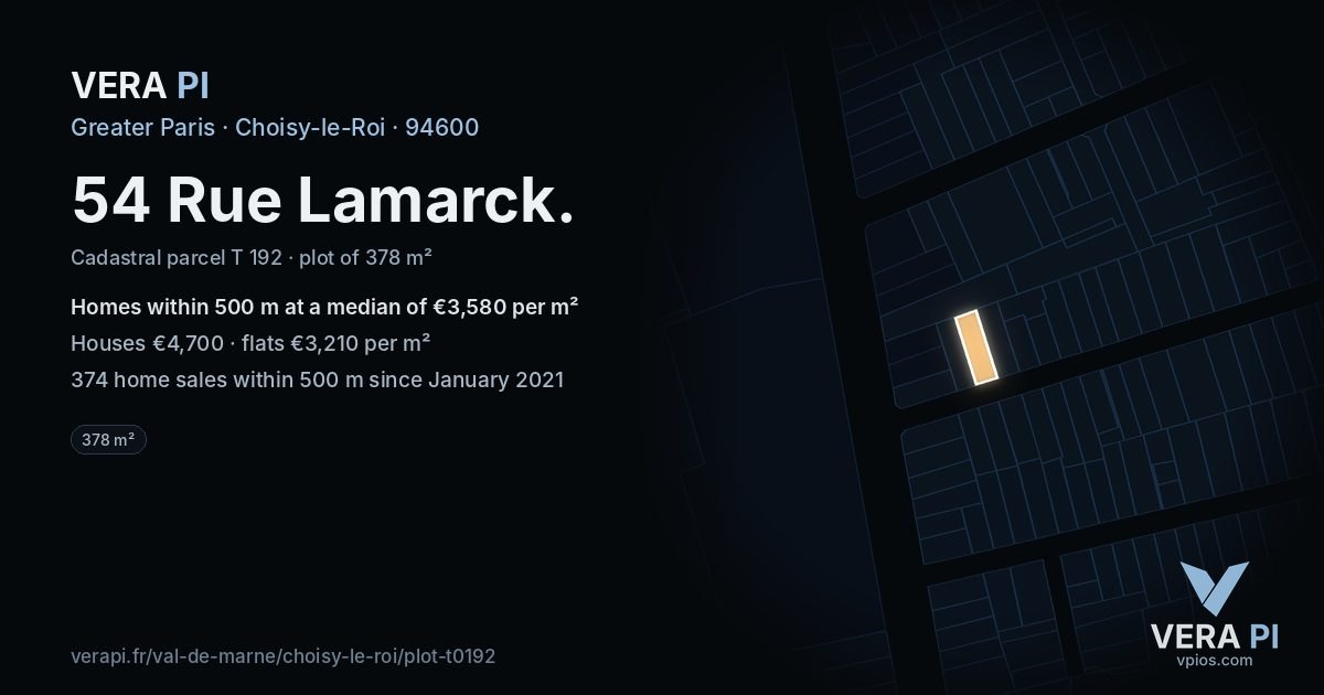 54 Rue Lamarck, Choisy-le-Roi at night – the plot lit, the parcels around coloured by the prices near them
