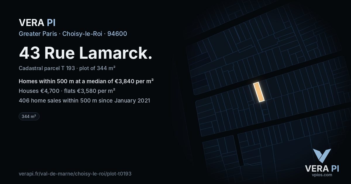 43 Rue Lamarck, Choisy-le-Roi at night – the plot lit, the parcels around coloured by the prices near them