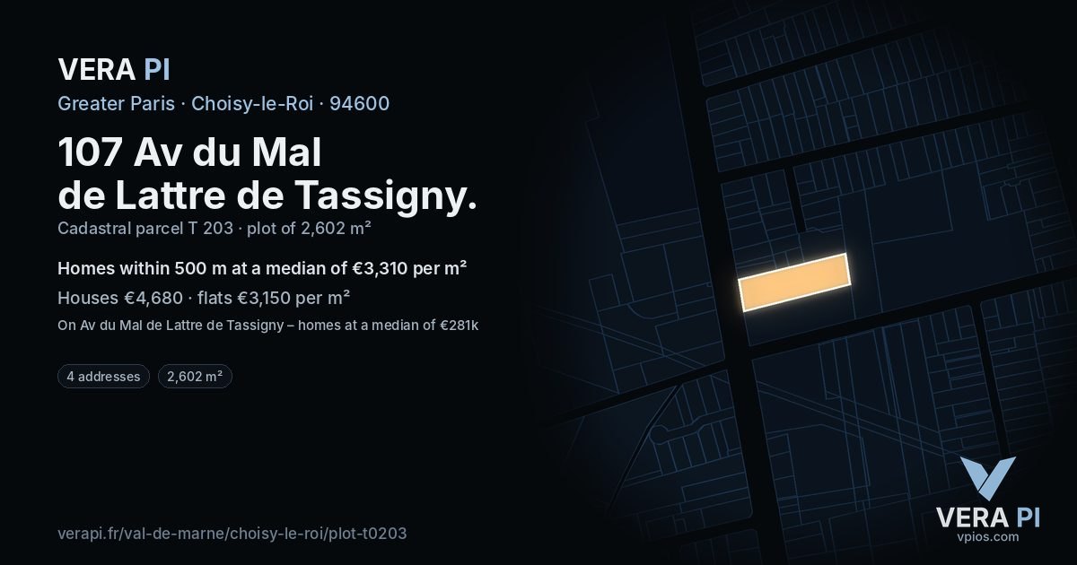107 Av du Mal de Lattre de Tassigny, Choisy-le-Roi at night – the plot lit, the parcels around coloured by the prices near them