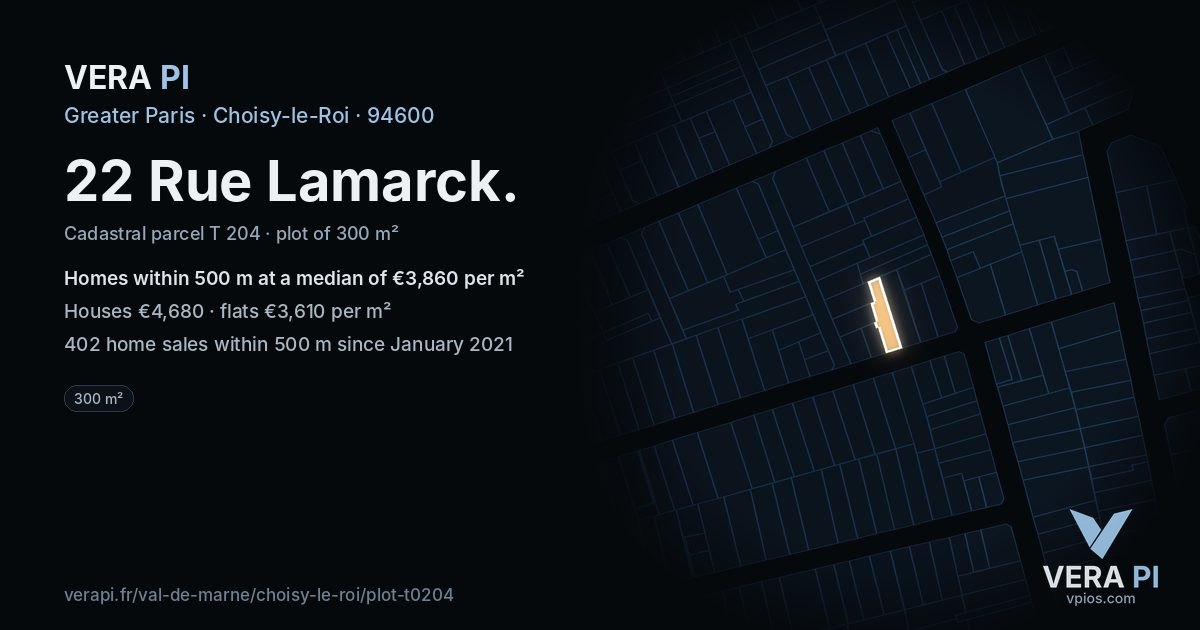 22 Rue Lamarck, Choisy-le-Roi at night – the plot lit, the parcels around coloured by the prices near them