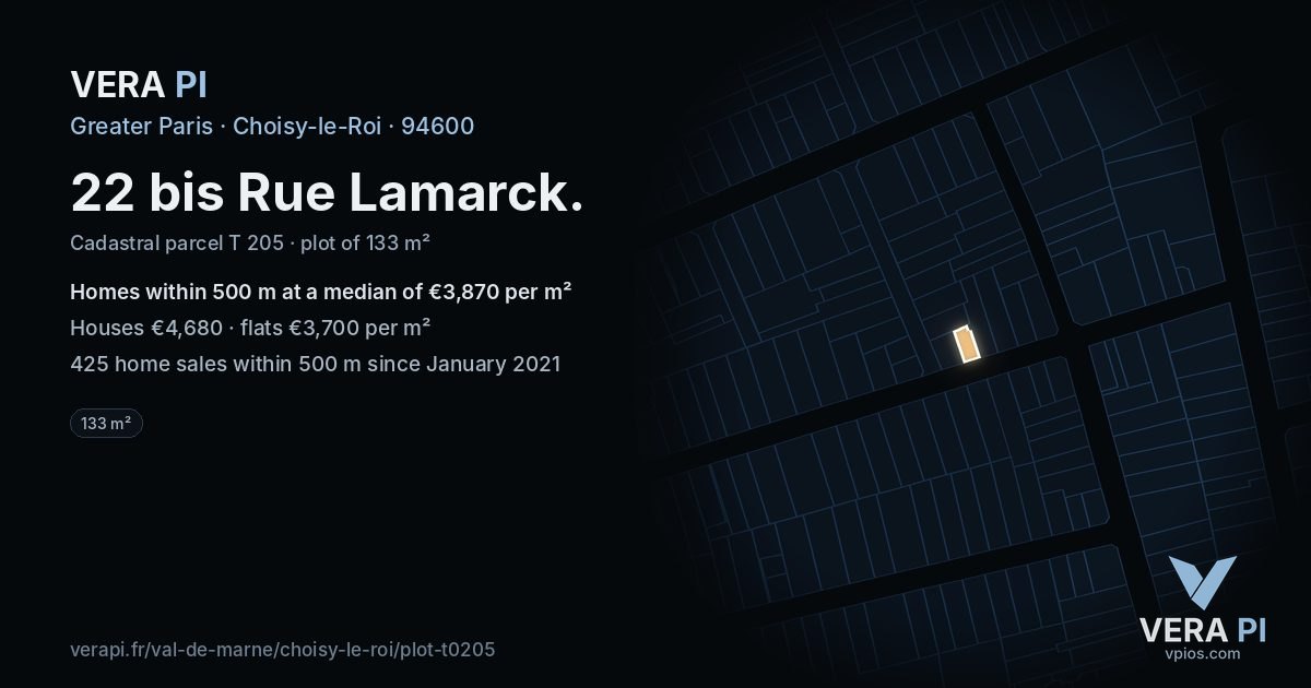 22 bis Rue Lamarck, Choisy-le-Roi at night – the plot lit, the parcels around coloured by the prices near them