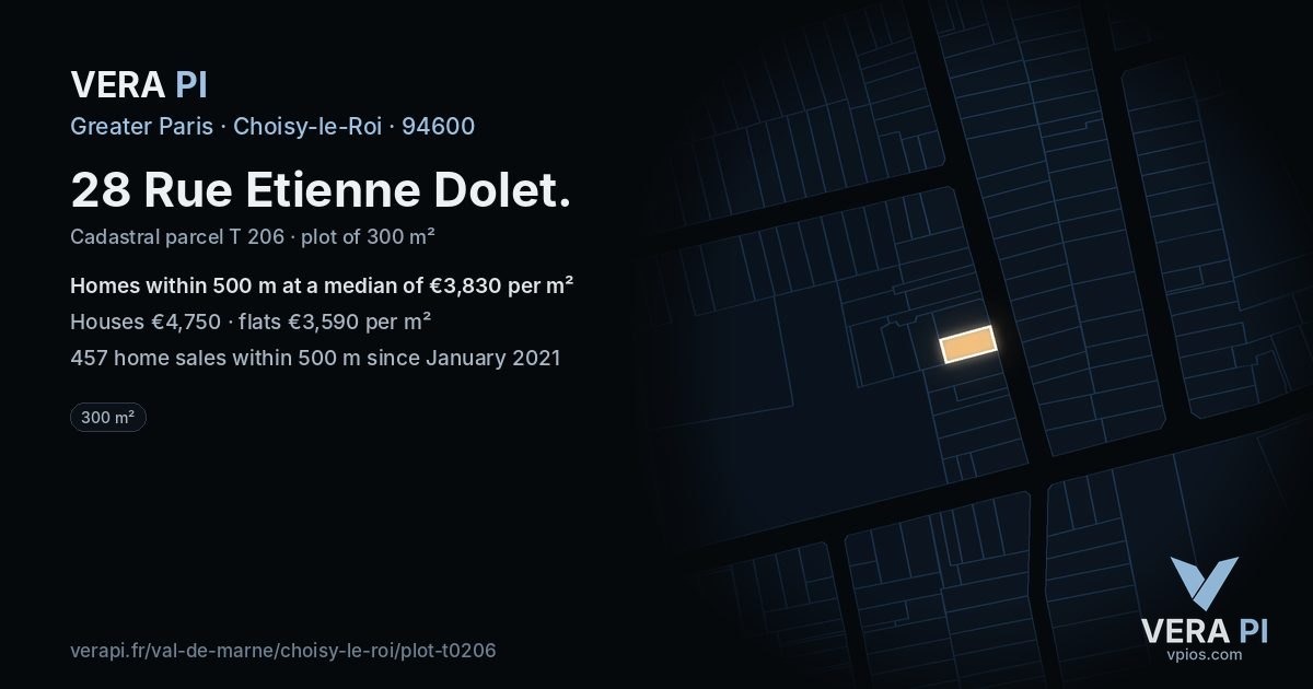 28 Rue Etienne Dolet, Choisy-le-Roi at night – the plot lit, the parcels around coloured by the prices near them
