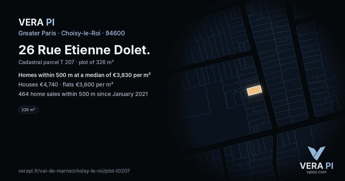26 Rue Etienne Dolet, Choisy-le-Roi at night – the plot lit, the parcels around coloured by the prices near them
