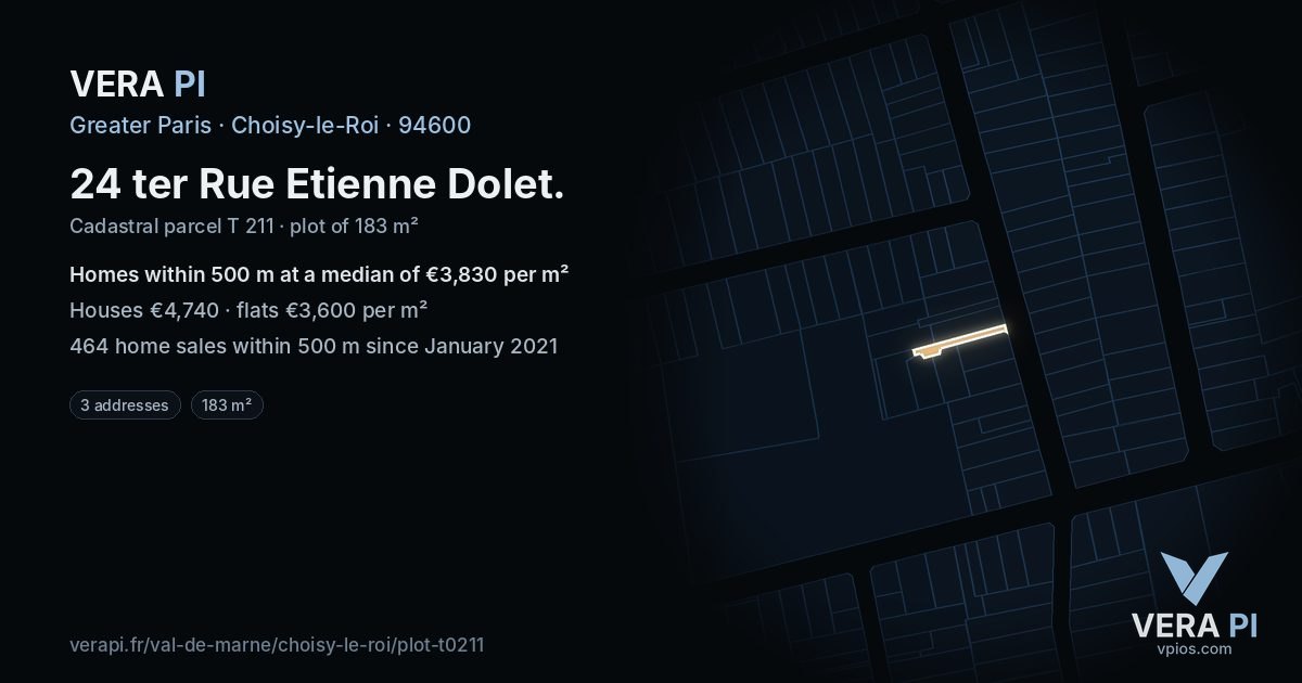24 ter Rue Etienne Dolet, Choisy-le-Roi at night – the plot lit, the parcels around coloured by the prices near them