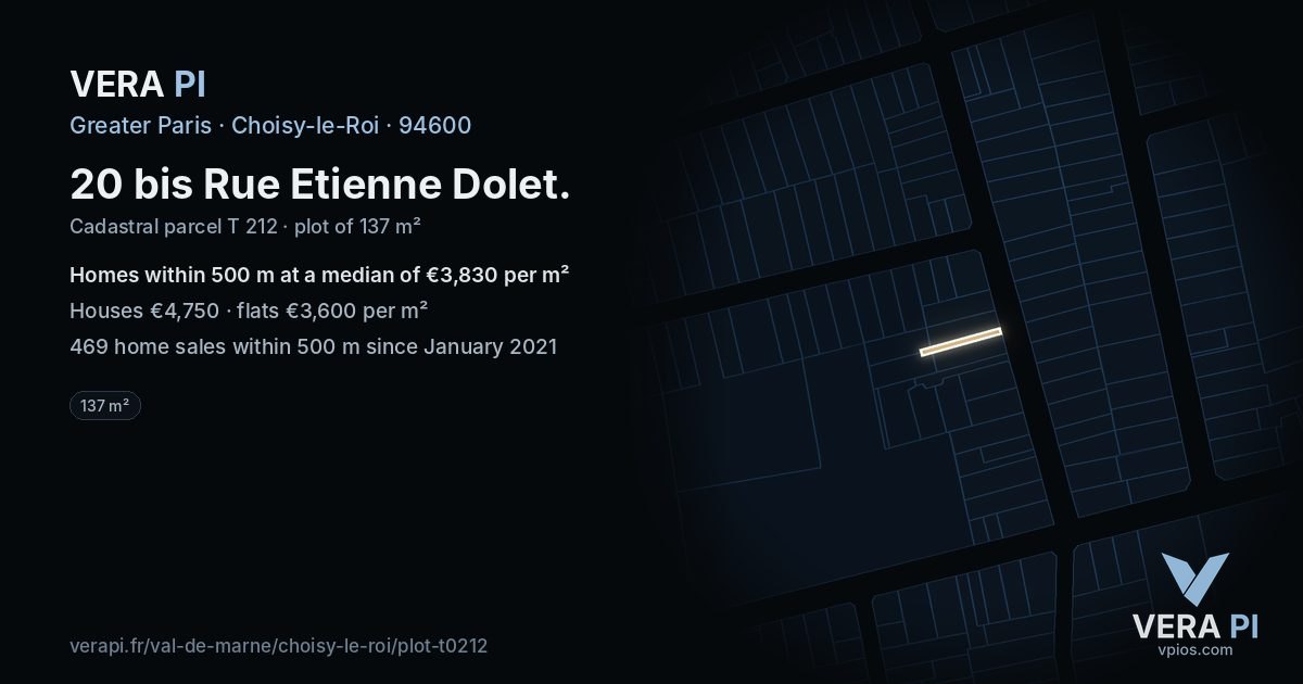 20 bis Rue Etienne Dolet, Choisy-le-Roi at night – the plot lit, the parcels around coloured by the prices near them
