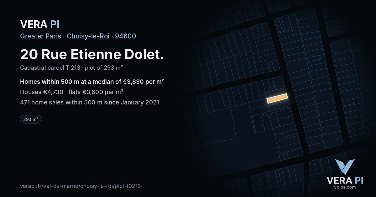 20 Rue Etienne Dolet, Choisy-le-Roi at night – the plot lit, the parcels around coloured by the prices near them