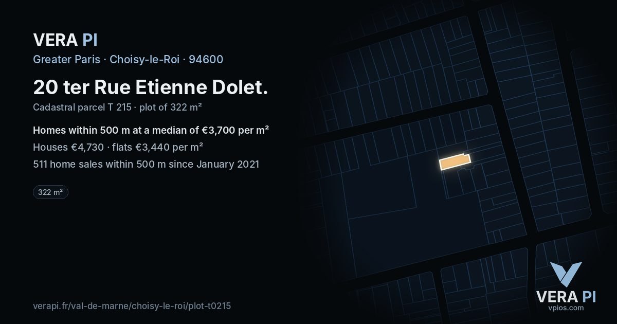 20 ter Rue Etienne Dolet, Choisy-le-Roi at night – the plot lit, the parcels around coloured by the prices near them