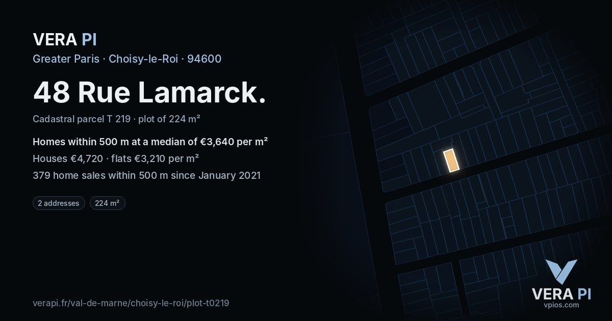 48 Rue Lamarck, Choisy-le-Roi at night – the plot lit, the parcels around coloured by the prices near them