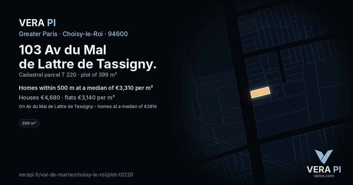 103 Av du Mal de Lattre de Tassigny, Choisy-le-Roi at night – the plot lit, the parcels around coloured by the prices near them