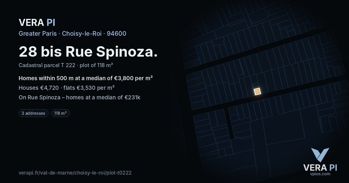 28 bis Rue Spinoza, Choisy-le-Roi at night – the plot lit, the parcels around coloured by the prices near them