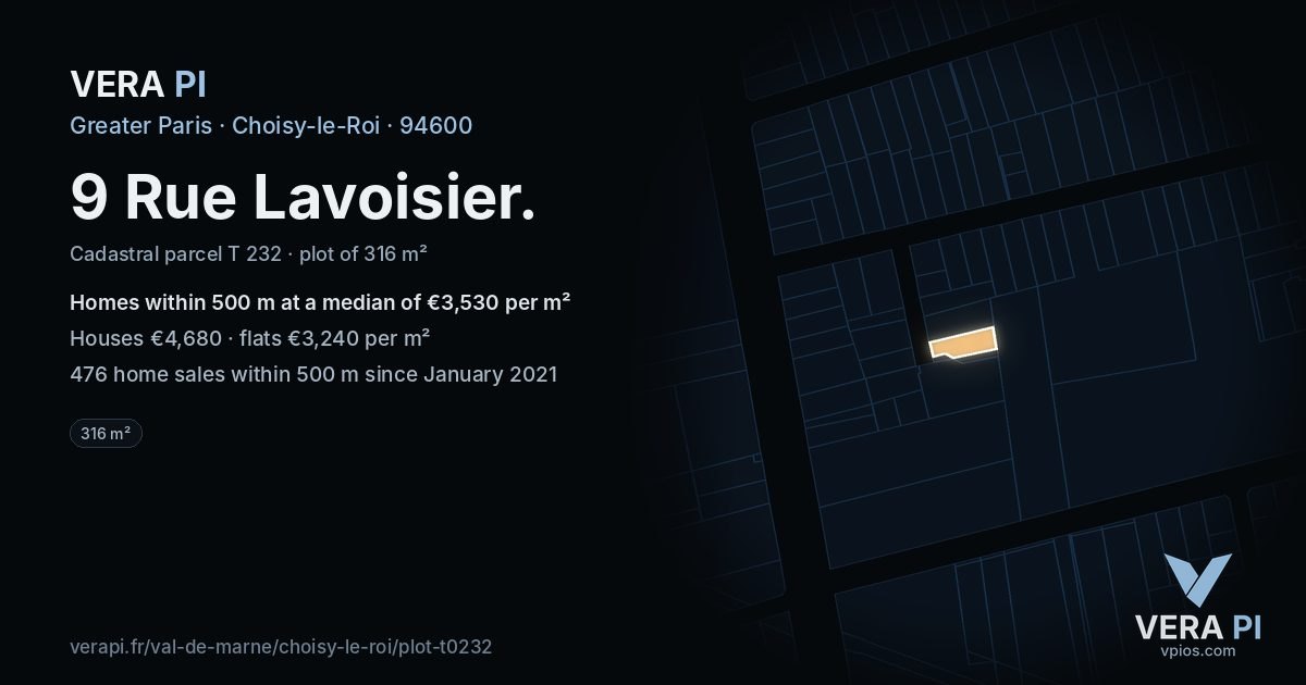 9 Rue Lavoisier, Choisy-le-Roi at night – the plot lit, the parcels around coloured by the prices near them