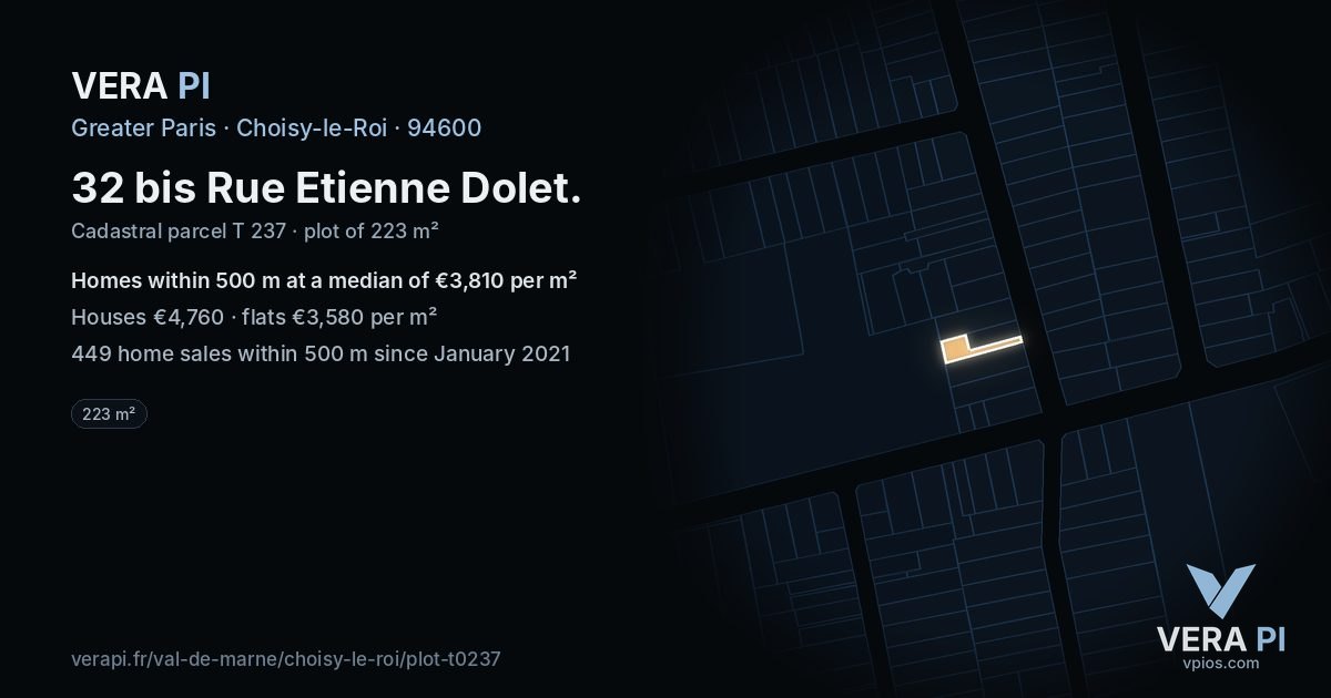 32 bis Rue Etienne Dolet, Choisy-le-Roi at night – the plot lit, the parcels around coloured by the prices near them