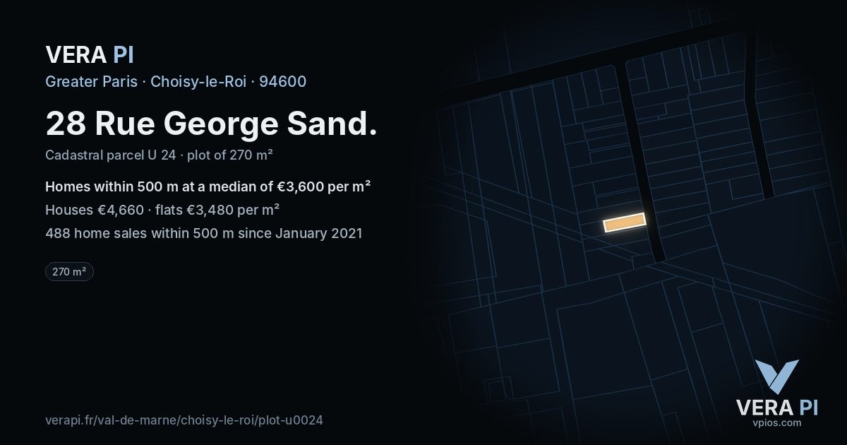 28 Rue George Sand, Choisy-le-Roi at night – the plot lit, the parcels around coloured by the prices near them