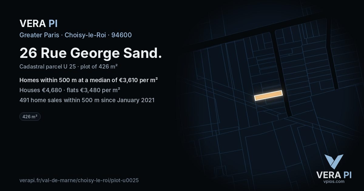 26 Rue George Sand, Choisy-le-Roi at night – the plot lit, the parcels around coloured by the prices near them