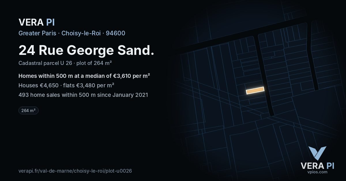 24 Rue George Sand, Choisy-le-Roi at night – the plot lit, the parcels around coloured by the prices near them