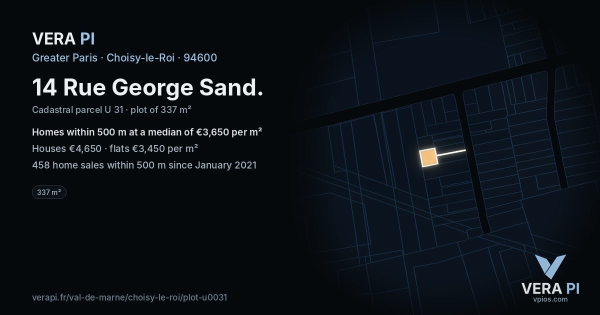 14 Rue George Sand, Choisy-le-Roi at night – the plot lit, the parcels around coloured by the prices near them