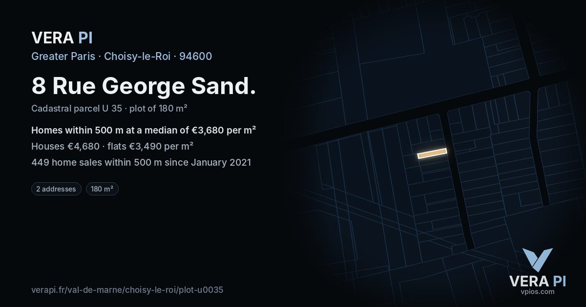 8 Rue George Sand, Choisy-le-Roi at night – the plot lit, the parcels around coloured by the prices near them