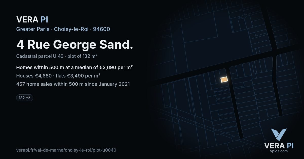 4 Rue George Sand, Choisy-le-Roi at night – the plot lit, the parcels around coloured by the prices near them