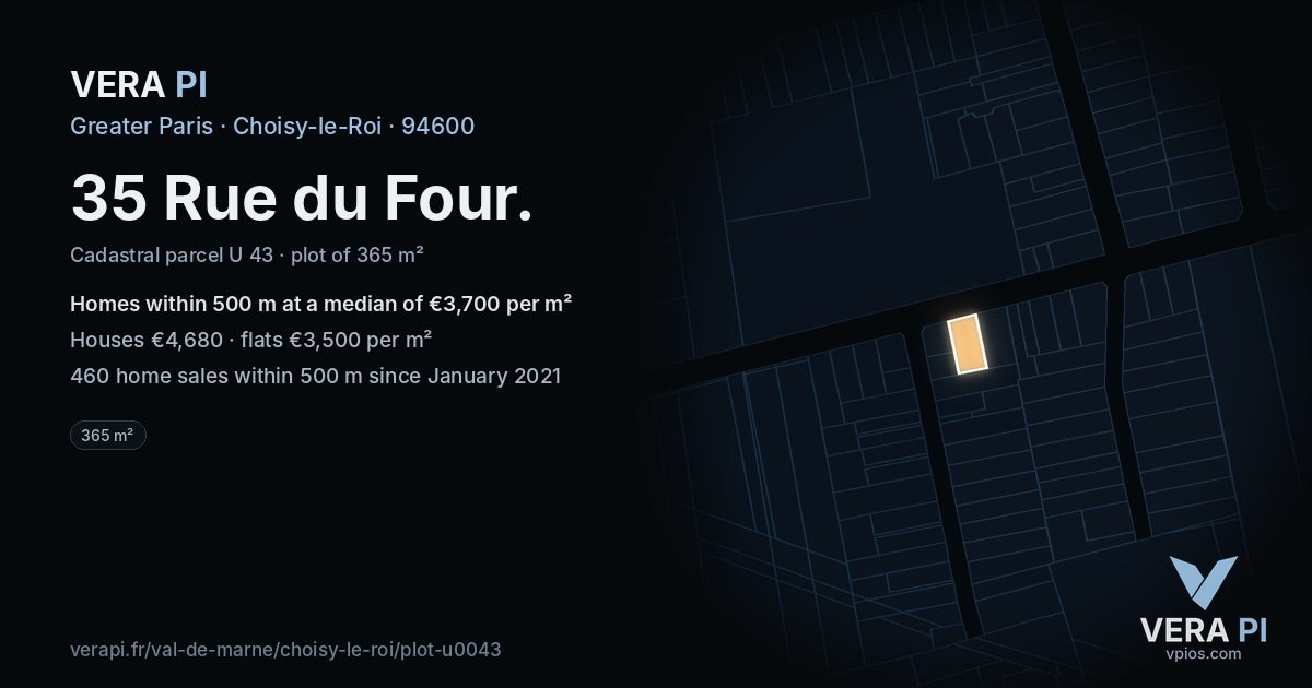 35 Rue du Four, Choisy-le-Roi at night – the plot lit, the parcels around coloured by the prices near them