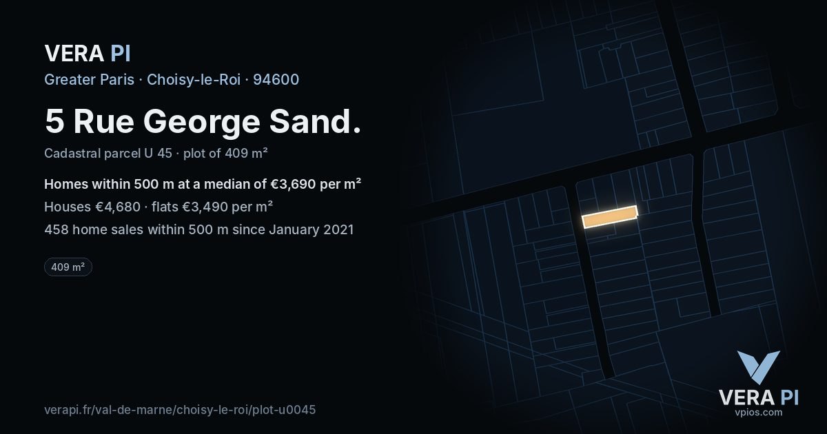 5 Rue George Sand, Choisy-le-Roi at night – the plot lit, the parcels around coloured by the prices near them