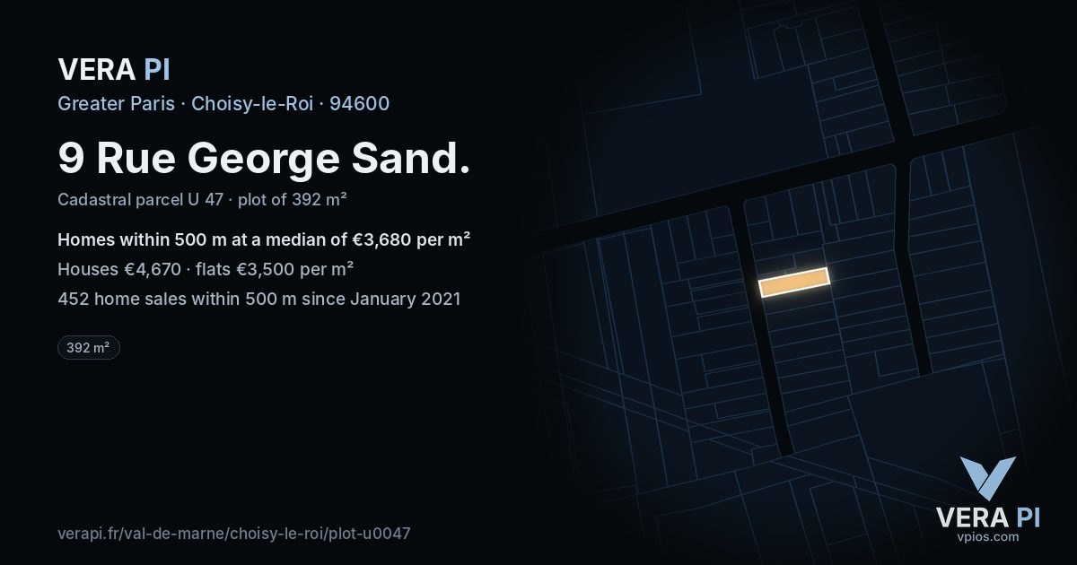 9 Rue George Sand, Choisy-le-Roi at night – the plot lit, the parcels around coloured by the prices near them