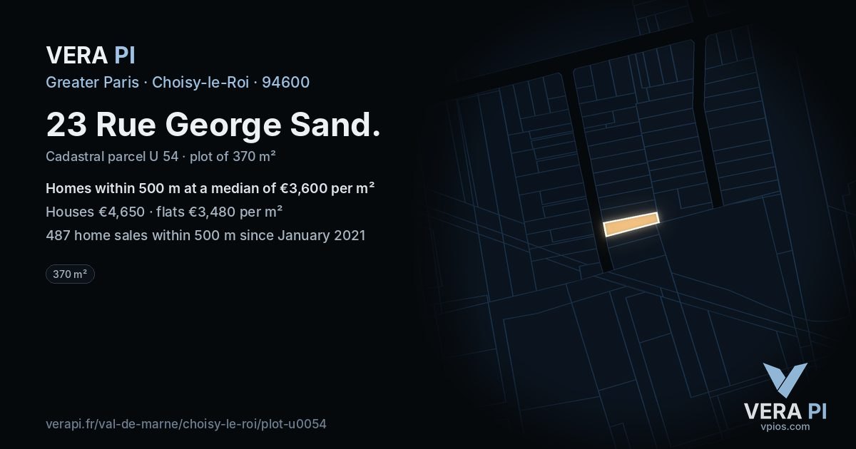 23 Rue George Sand, Choisy-le-Roi at night – the plot lit, the parcels around coloured by the prices near them