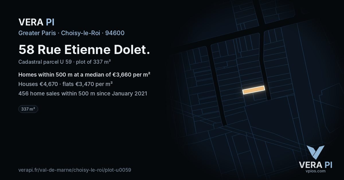 58 Rue Etienne Dolet, Choisy-le-Roi at night – the plot lit, the parcels around coloured by the prices near them