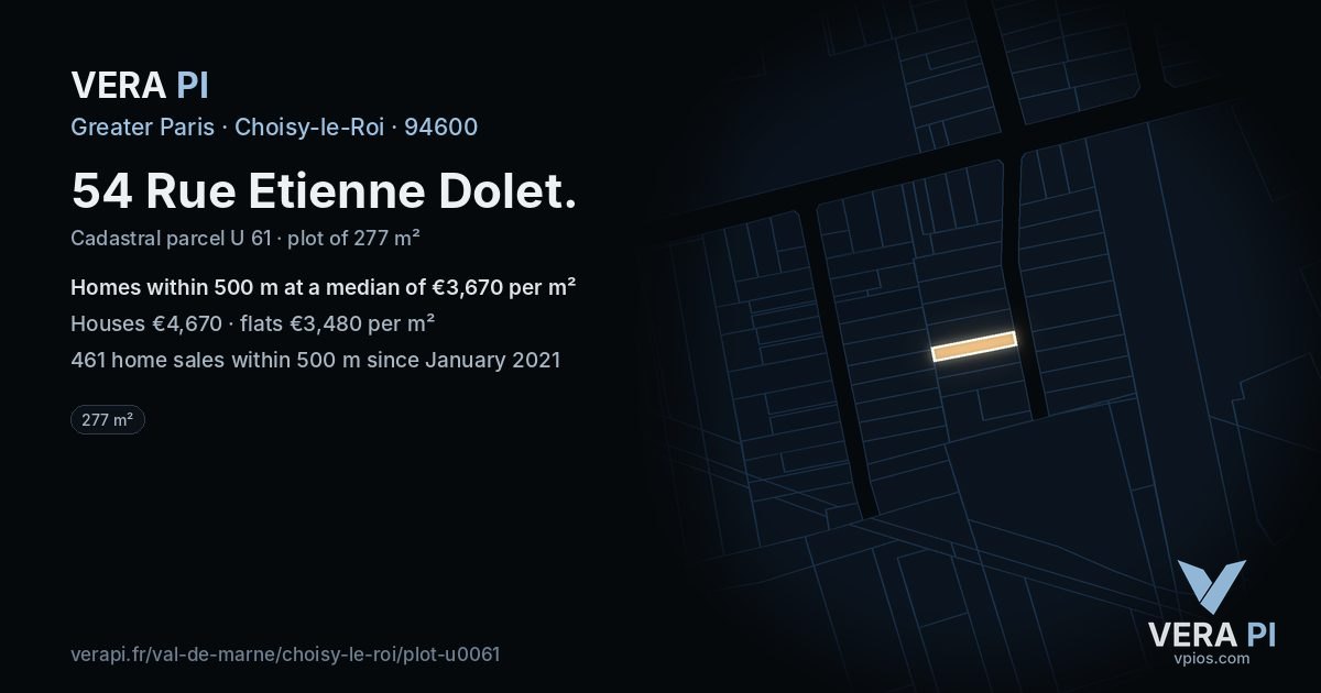 54 Rue Etienne Dolet, Choisy-le-Roi at night – the plot lit, the parcels around coloured by the prices near them