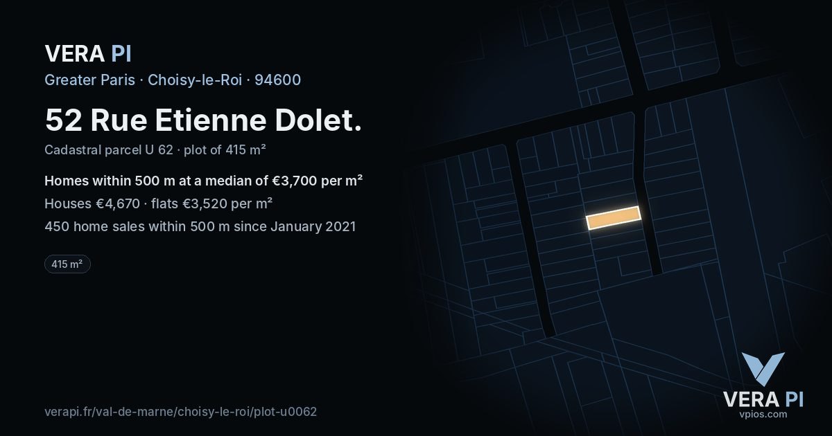 52 Rue Etienne Dolet, Choisy-le-Roi at night – the plot lit, the parcels around coloured by the prices near them