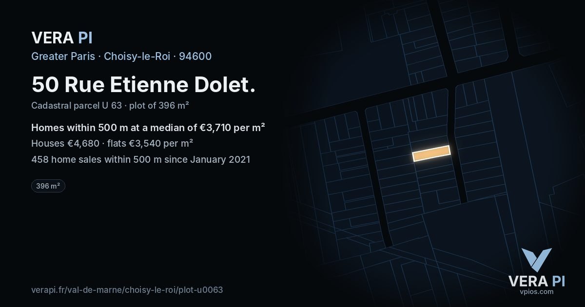 50 Rue Etienne Dolet, Choisy-le-Roi at night – the plot lit, the parcels around coloured by the prices near them
