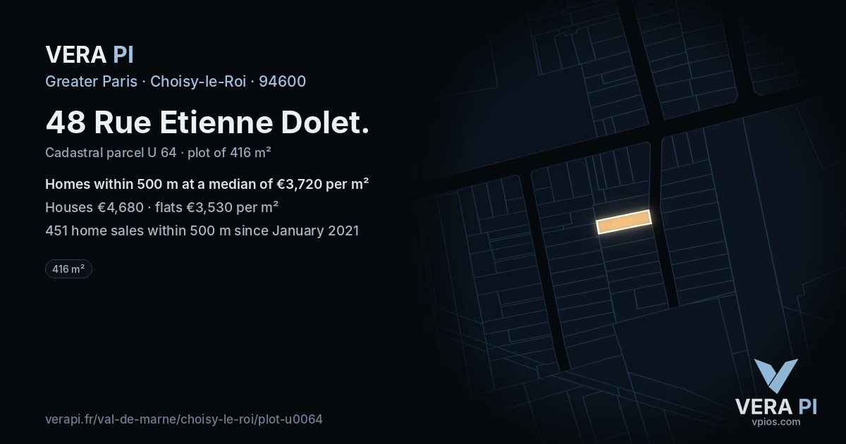 48 Rue Etienne Dolet, Choisy-le-Roi at night – the plot lit, the parcels around coloured by the prices near them