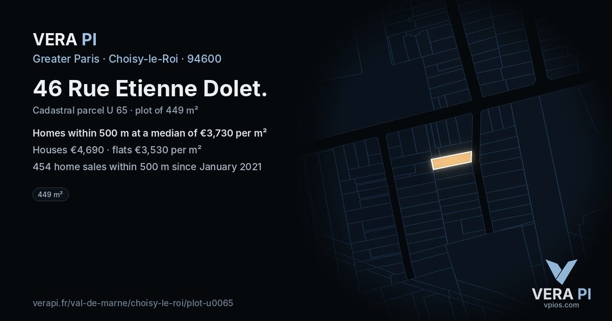 46 Rue Etienne Dolet, Choisy-le-Roi at night – the plot lit, the parcels around coloured by the prices near them