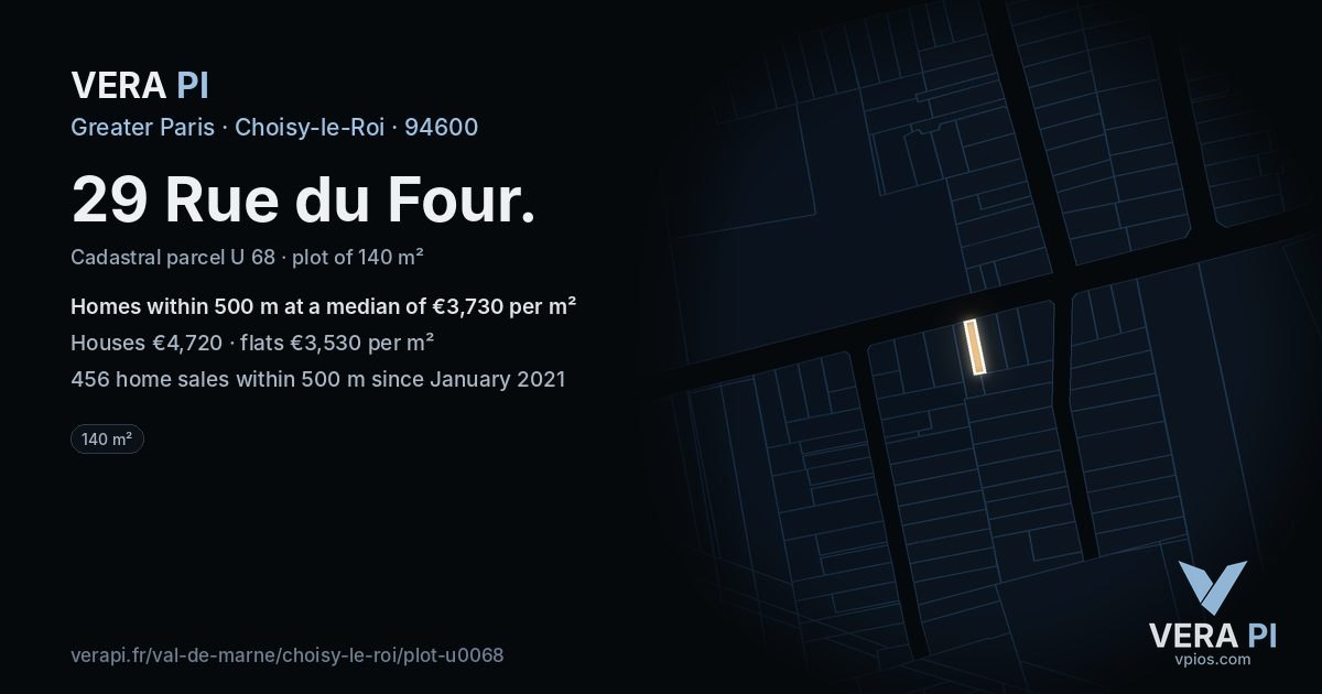 29 Rue du Four, Choisy-le-Roi at night – the plot lit, the parcels around coloured by the prices near them