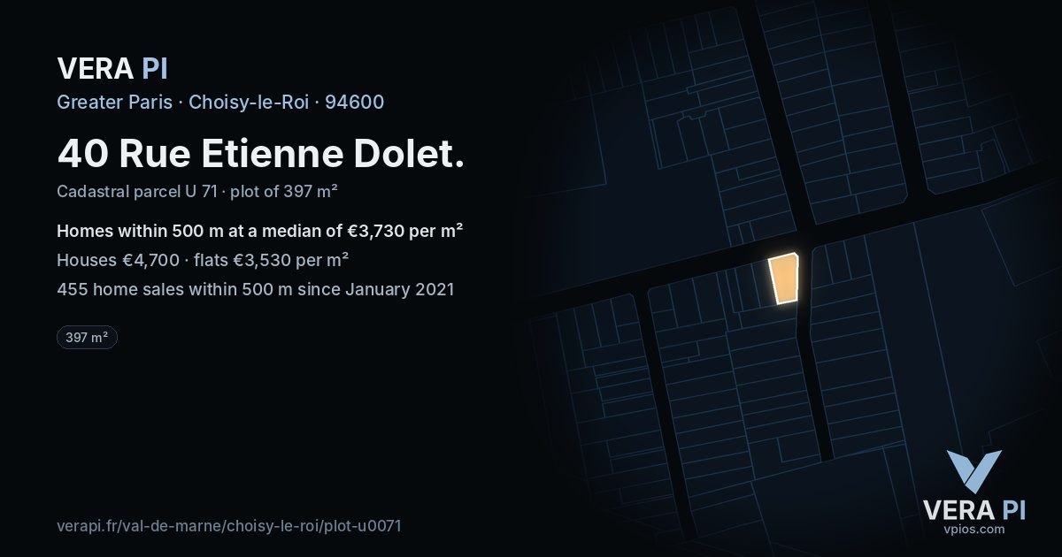 40 Rue Etienne Dolet, Choisy-le-Roi at night – the plot lit, the parcels around coloured by the prices near them