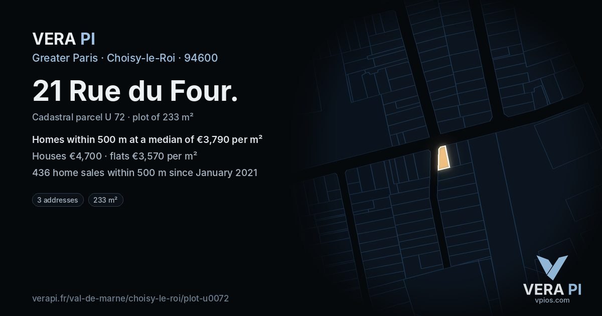 21 Rue du Four, Choisy-le-Roi at night – the plot lit, the parcels around coloured by the prices near them