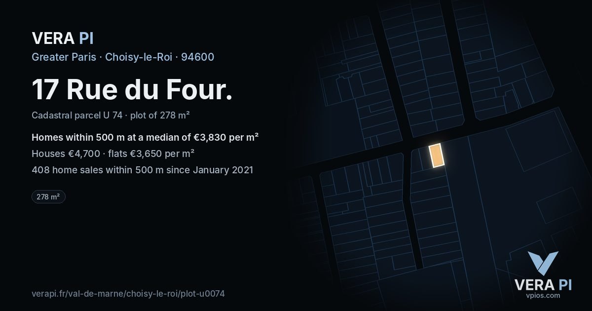 17 Rue du Four, Choisy-le-Roi at night – the plot lit, the parcels around coloured by the prices near them