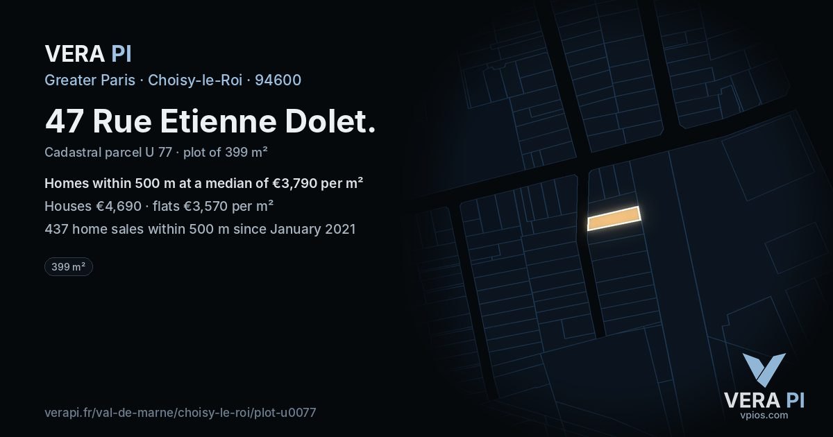 47 Rue Etienne Dolet, Choisy-le-Roi at night – the plot lit, the parcels around coloured by the prices near them