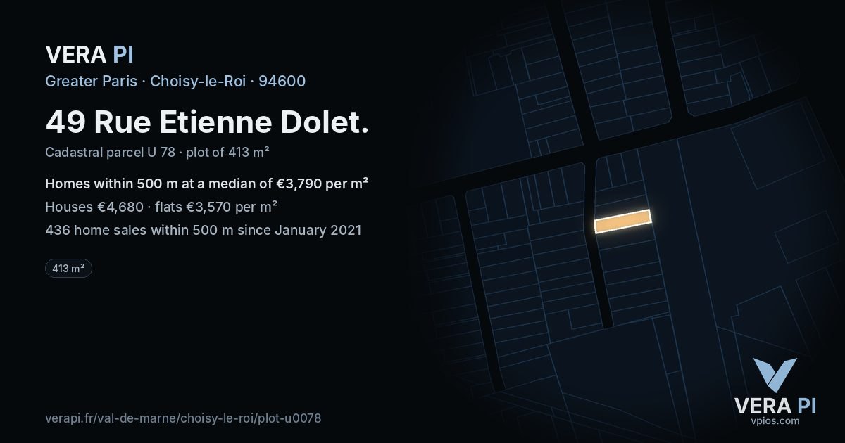 49 Rue Etienne Dolet, Choisy-le-Roi at night – the plot lit, the parcels around coloured by the prices near them